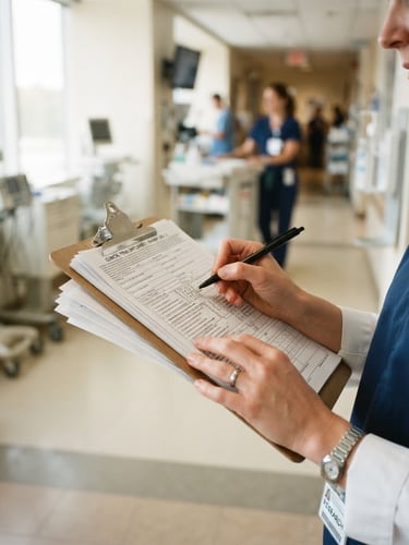 Hands of a healthcare researcher holding a clipboard with clinical research forms, soft natural morning light, clean hospital environment, authentic interaction, 35mm