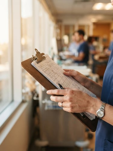 Close-up of a researcher's hands holding a clinical clipboard, soft natural morning light through a hospital window, warm editorial style, 35mm