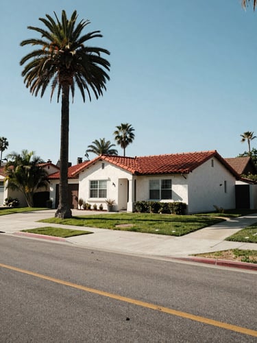 Wide residential street in a sunlit Southern California neighborhood, a single-story stucco home with a red tile roof centered right-of-frame, mature palm trees flanking the driveway, bright midday documentary light, no people present