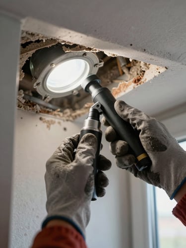 Close-up documentary shot of a technician's gloved hands holding an air duct inspection scope inside a residential duct opening, the duct interior visible with dust and debris, bright work light illuminating the interior, natural light from a nearby window, tight framing on the hands and equipment, no face visible