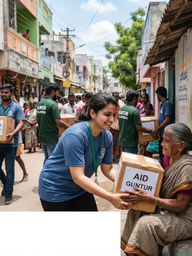 Active Guntur volunteers distributing aid packages in a local neighborhood, bright natural daylight, clean blue and green accents, sharp focus, 35mm lens