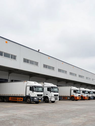 Low-angle wide shot of a massive modern logistics warehouse terminal under overcast daylight, heavy transport trucks aligned at loading bays, high-contrast industrial photography.
