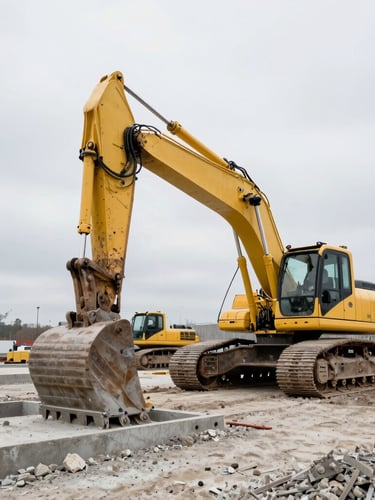 Low-angle wide shot of an active industrial construction site under overcast daylight, heavy yellow excavators working on concrete foundations, high-contrast desaturated tones with safety-orange high-visibility gear on workers.
