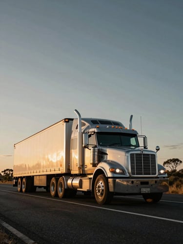 Low-angle heroic wide shot of a commercial prime mover hauling a B-double trailer configuration along an Australian highway at golden hour, metallic textures catching the light.