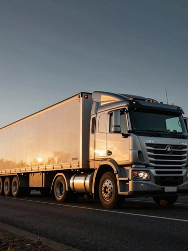 Low-angle heroic wide shot of a modern heavy-duty commercial prime mover hauling a B-double trailer configuration along an Australian highway at golden hour, dramatic metallic textures, 35mm lens.