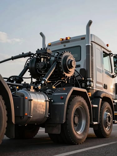 Close-up dramatic shot of heavy-duty prime mover chassis and coupling gear, metallic textures catching sharp overcast light, highly detailed commercial photography.
