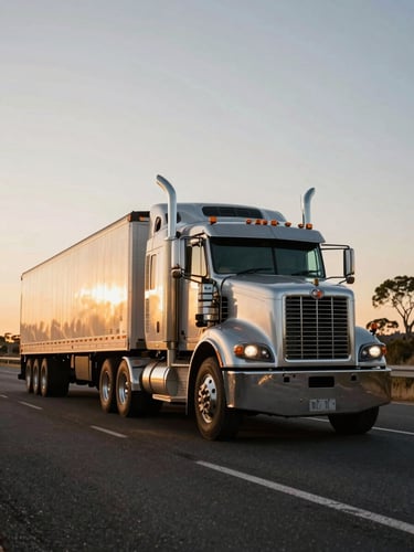 Low-angle heroic shot of a heavy B-double prime mover hauling freight on an Australian highway at golden hour, metallic paint reflecting sunset light, sharp 35mm lens.