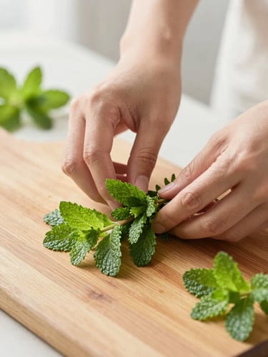Hands preparing fresh green herbs on a warm wooden cutting board, soft morning daylight, fresh mint accents