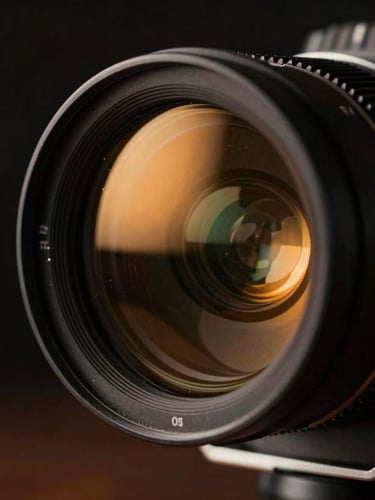 Extreme close-up of an anamorphic cinema lens, amber tally light reflecting on glass, dark studio background, cinematic 35mm photography