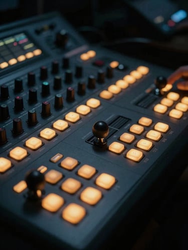 Close-up of a professional color grading control panel with trackballs, glowing amber buttons in a dim studio environment, cinematic, 35mm