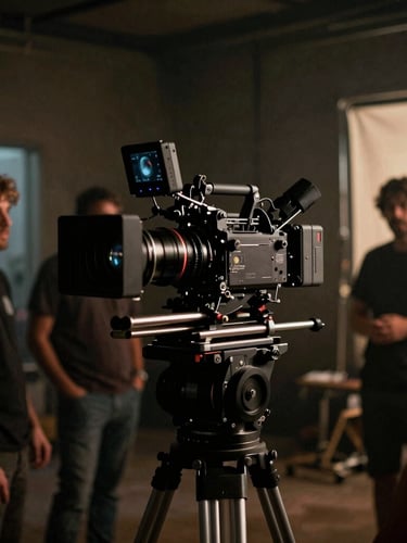 Behind-the-scenes of an active film set, low-key dramatic lighting, anamorphic camera rig in focus, crew members softly blurred in the background, 35mm film photography