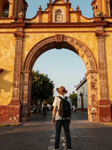 Warm editorial travel photography of a traveler looking at a historic archway in Mexico, golden-hour natural light, vibrant saturated tones, 35mm look