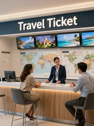 A professional travel advisor in a modern, elegant Monterrey office, consulting with a smiling couple over curated travel itineraries, soft morning light, clean architectural lines, warm sophisticated atmosphere, 35mm look
