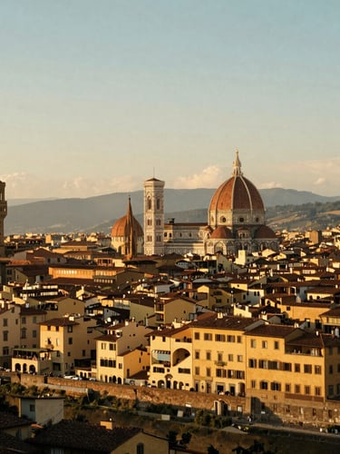 Warm editorial travel photography of a classic European cityscape, sun-drenched street in Florence, golden-hour natural light, 35mm look
