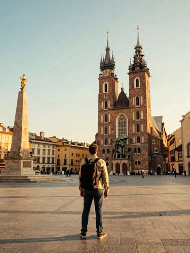 Wide-angle cinematic shot of a traveler looking at a historic European plaza during golden hour, 35mm look, warm editorial travel photography
