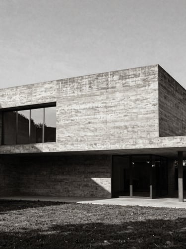 Wide-angle architectural photograph of a brutalist concrete villa, sharp geometric shadows, harsh natural light, minimalist composition, medium format film.