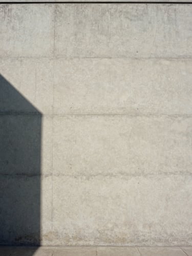 Wide-angle architectural elevation of raw concrete facade, sharp geometric shadows cast by natural daylight, minimalist composition, medium format film.