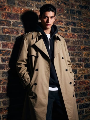 Tight, high-contrast editorial shot of a model in a classic trench coat styled with modern streetwear, shot with harsh direct flash against a raw brick wall in Peckham, deep shadows.
