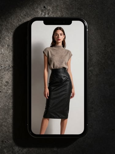 Tight high-contrast crop of a physical smartphone displaying a high-fashion editorial campaign, harsh flash lighting, deep shadows, concrete background