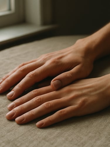 Intimate close-medium shot of two hands resting on a neutral linen surface near a window, soft north-facing daylight, calm and still, warm natural tones, no faces visible