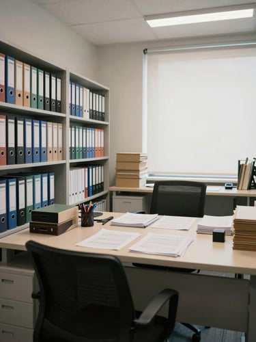 Wide panoramic view of a calm accounting office workspace, organized binders on shelves to the left, a desk with open documents in the center, even north-facing office light, no people, generous negative space on the right