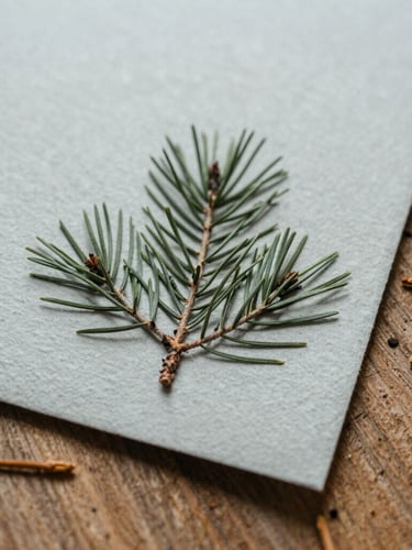 Macro photograph of textured handmade paper resting on rough-hewn pine wood, soft overcast morning light, pine needles scattered, tactile film aesthetic