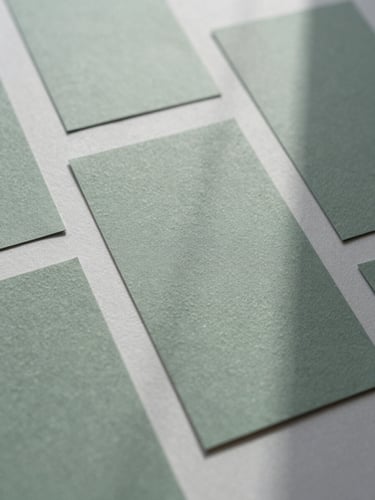 Tactile paper mockups with blind debossing, soft overcast morning light, pine green shadows, 35mm film grain