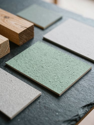 Tactile film photography of rough-hewn wood blocks and textured paper samples on a dark slate table, soft morning light, 35mm, shallow depth of field
