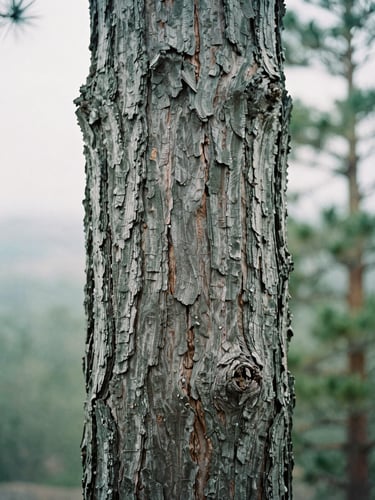 Tactile film photography of ancient Great Basin bristlecone pine bark texture, soft overcast morning light, pine green tones, 35mm, shallow depth of field