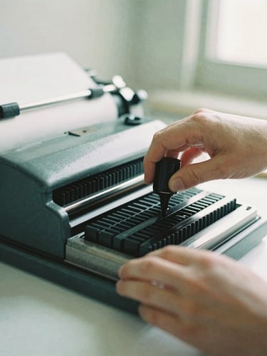 Hands pressing ink onto a vintage letterpress block inside a sunlit Salt Lake City design studio, soft overcast morning light