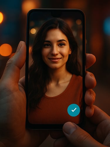 Hands holding an Android device displaying a premium dating profile with a verified badge, soft neon night accents, shallow depth of field