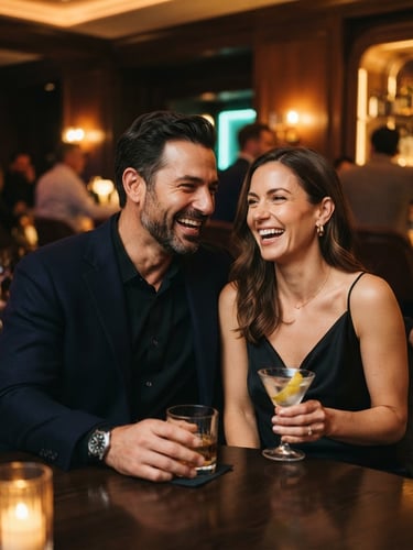 Cinematic medium close-up of a sophisticated couple laughing together in a warm, ambient-lit luxury lounge, shallow depth of field, 35mm