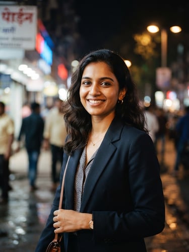 Cinematic 35mm portrait of a sophisticated young Indian professional smiling warmly, soft ambient neon night accents, shallow depth of field