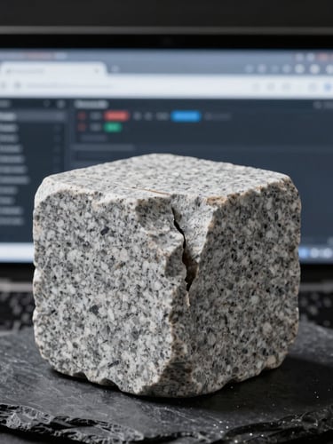 Macro photograph of a sharp, split granite stone block juxtaposed with a glowing, crisp high-fidelity digital browser interface wireframe, high contrast studio lighting, cool ambient slate tones.