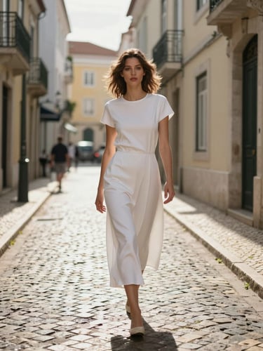Model in a minimal white dress walking through a sun-washed Lisbon side street, late-afternoon light casting long geometry on the cobblestones, photographed from a slight distance