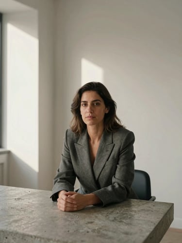 Vertical editorial portrait: a woman entrepreneur seated at a raw concrete desk, Lisbon afternoon light entering from the left, structured jacket, hands loosely folded, quiet confidence, wide crop with space above and to the right