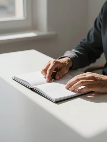 Entrepreneur at a minimal white desk in Lisbon, hands resting on an open notebook, north-facing window light falling across the surface, soft shadow detail, calm and focused