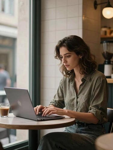 Tight environmental frame inside a Lisbon coffee shop: a woman working at a small table, laptop open, warm window light on her face, out-of-focus tile wall behind, observed not staged