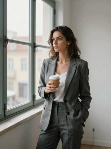 Woman business owner standing by a large window in a Lisbon studio, natural daylight, clean background, holding a coffee cup, confident posture, observed not posed