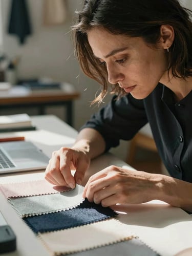 Portrait of a designer at her studio table, close-up on face and hands arranging fabric swatches, north-facing daylight, soft shadows, intimate and intentional framing
