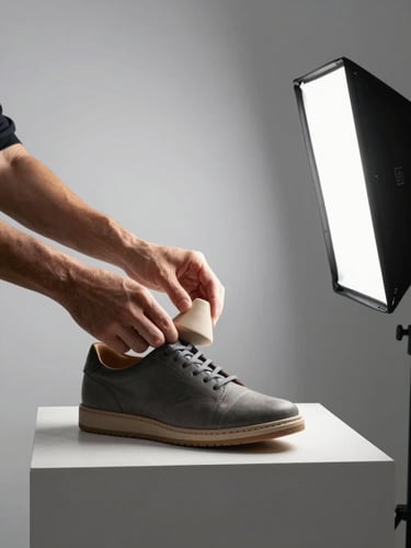 Hands adjusting a small ceramic prop beside a shoe on a studio plinth, directional strobe from the right, clean light grey background, detail visible in laces