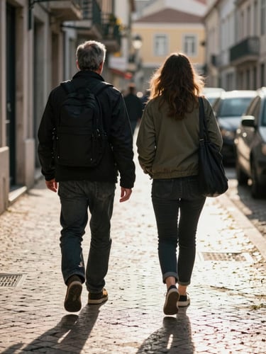 Photographer and subject walking together through a sunlit Lisbon street, seen from behind, late afternoon light long on the pavement, natural movement, collaborative and unposed
