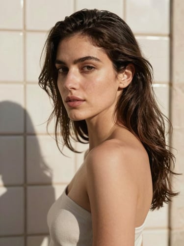 Close framing of a woman standing near a sun-lit Lisbon tile wall, face turned slightly away from camera, natural north-facing daylight raking across her shoulder and jaw, soft cream tones, observed and unposed