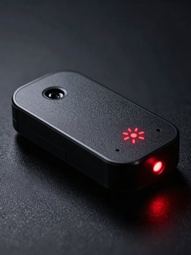 Sleek dark GPS tracking hardware on a textured black surface, sharp signal-red indicator light glowing, dramatic low-key studio lighting, technical macro perspective.