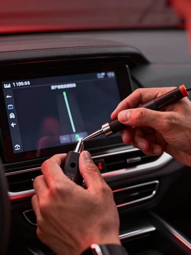 Close-up of professional technician hands performing a clean GPS installation under a modern car dashboard with precise tools, dramatic red ambient lighting.