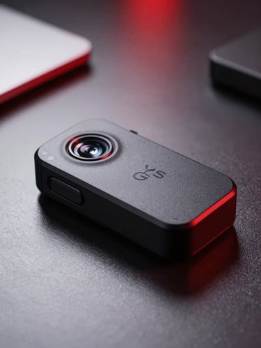 Sleek black magnetic GPS tracker device placed on a dark metal surface, dramatic red and white studio lighting, technical telemetry feel, macro shot, shallow depth of field