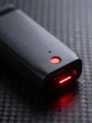 Sleek dark-mode photography of a premium GPS hardware unit glowing with a subtle red status light, macro shot on a dark carbon fiber surface, high-contrast lighting.