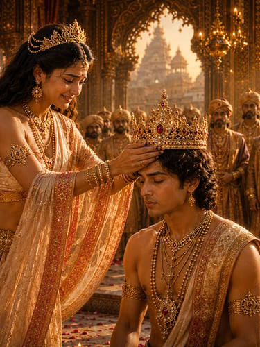 An Indian queen places a golden crown on a prince during a royal coronation in an ornate palace.
