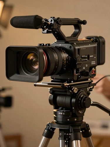 Professional 4K cinema camera with microphone and lens mounted on a tripod in a film studio setting.