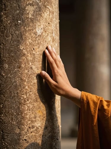 Cinematic close-up in deep shadow of a monk's hand gently touching a weathered ancient temple pillar, single-source side lighting, warm golden hour tones